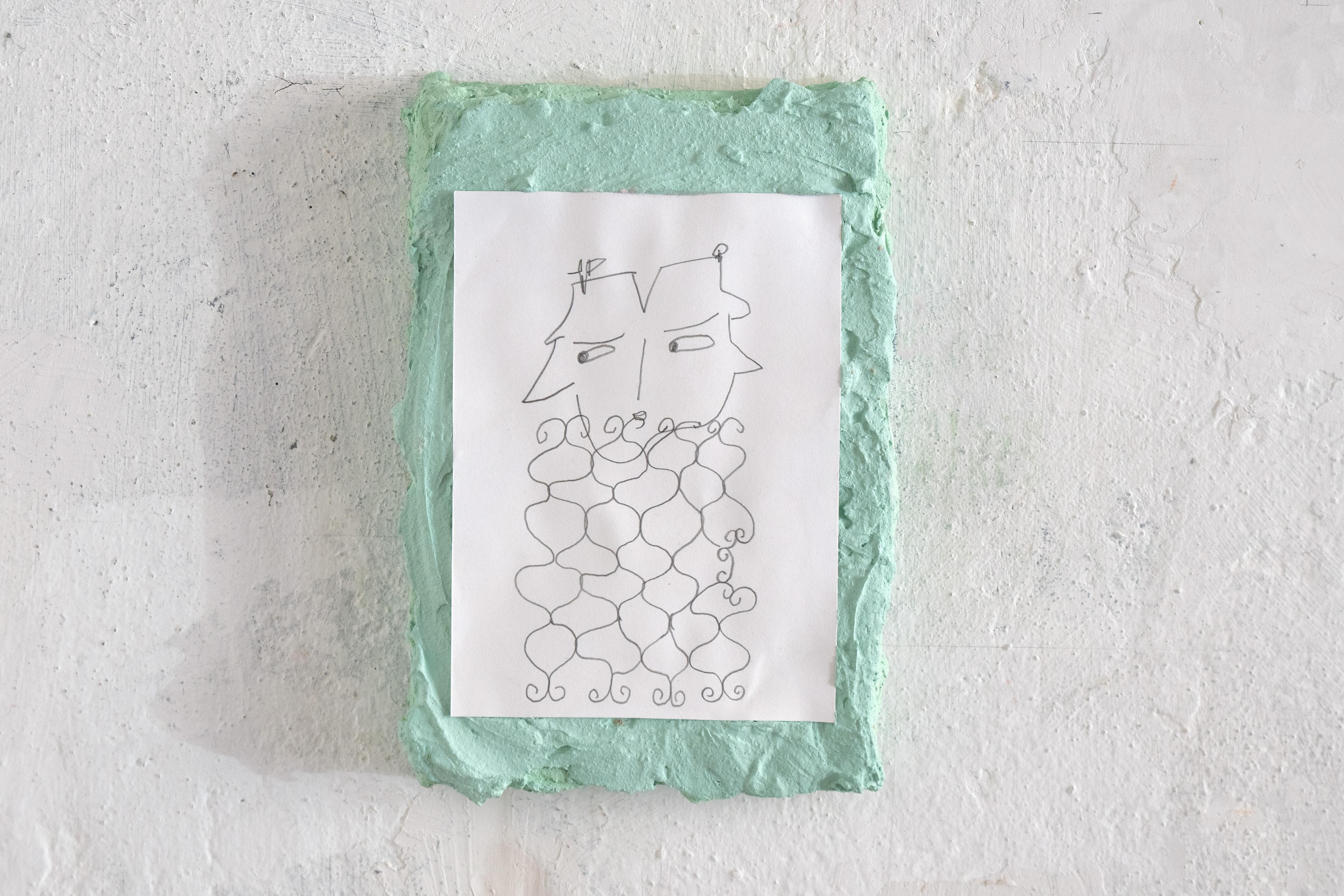 Contemporary mixed media artwork by Munich-based artist, featuring minimalist line drawing of a face and abstract organic forms on textured green background.